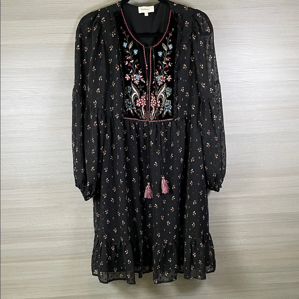 Bohme Bohemian V-neck Floral Embroidered Lined Long Sleeve Dress | Small